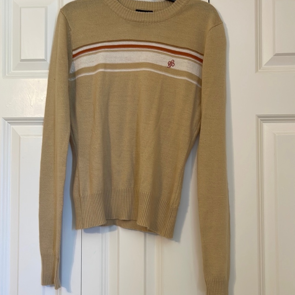Juniors md size SouthPole tan sweater with brown, terracotta, and tan stripes.